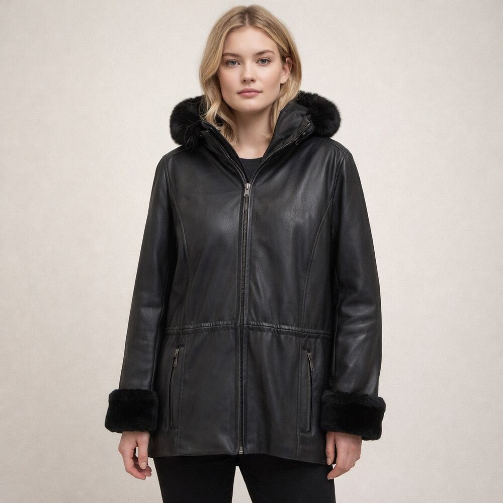 Andrew Marc Leather Coat Mid Length Fox Fur Trim Size Small